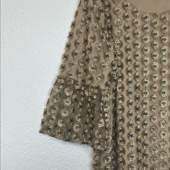 Calvin Klein Top Gold and Blue Overlay  Gorgeous Bell Sleeve Special Occasion L - Picture 3 of 6